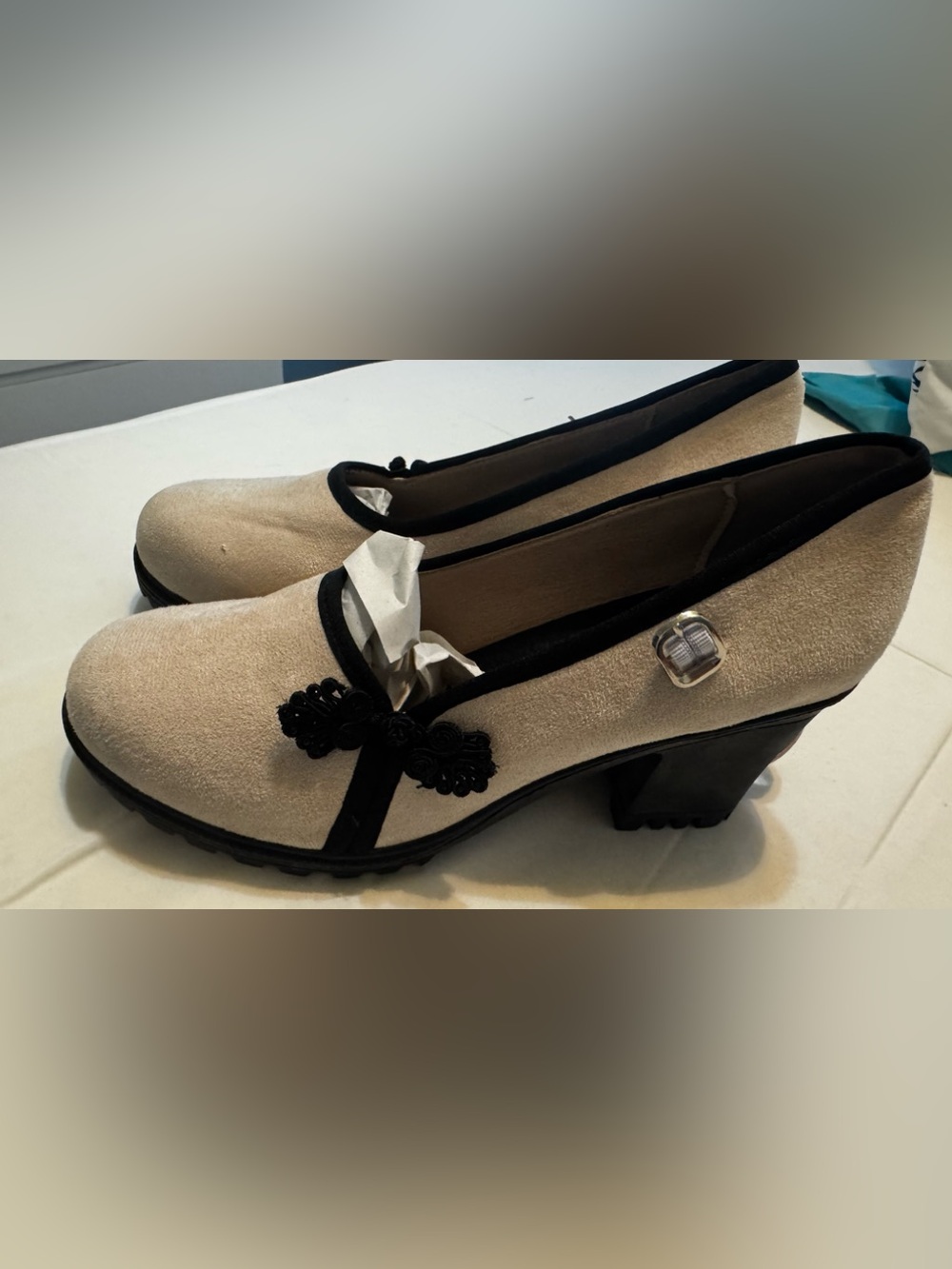 Beige Mary Jane Flats with Black Trim